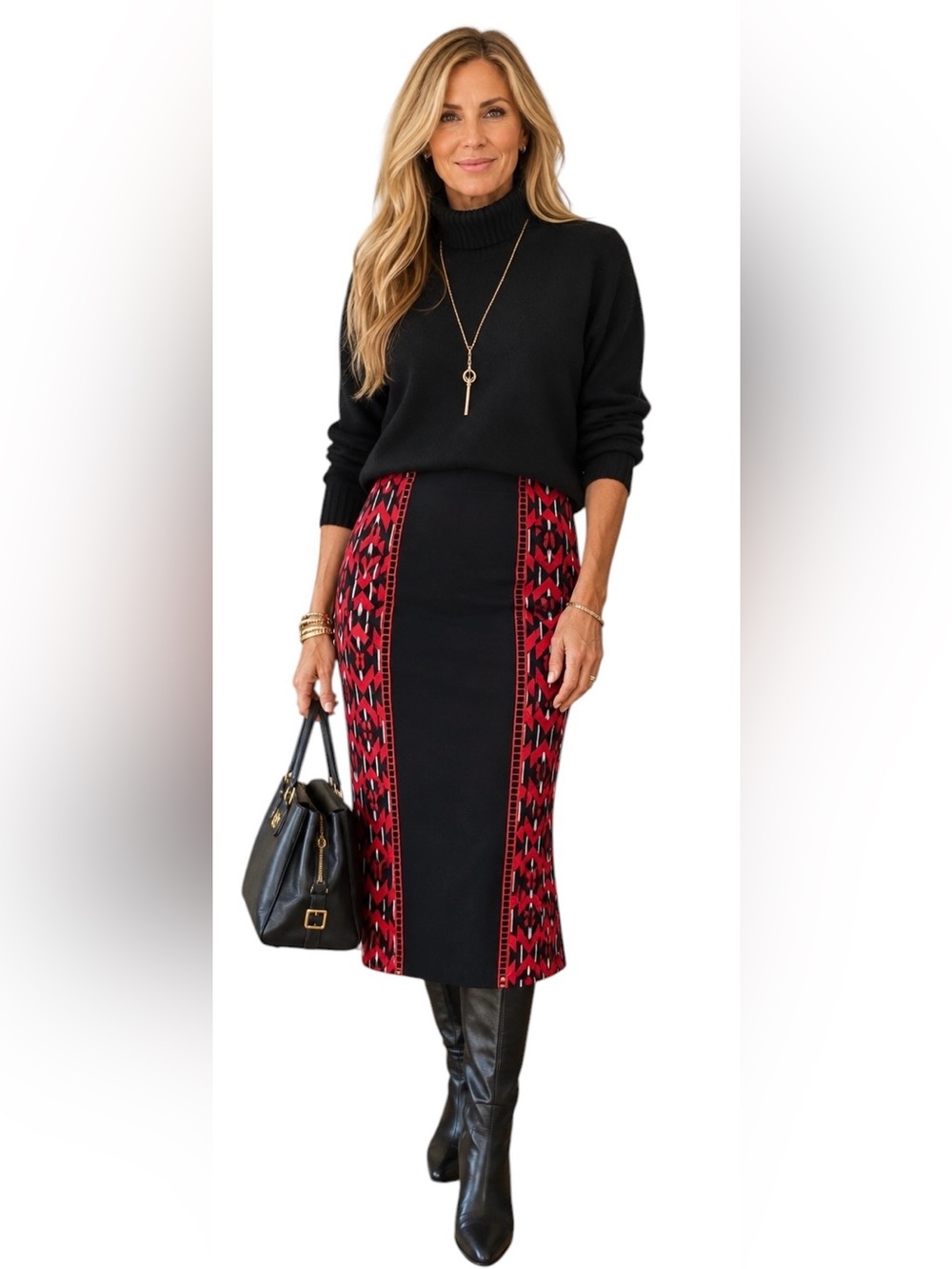 Fendi Pencil Skirt 38/6 Black Red Geometric Panels Designer Italy Midi Silk